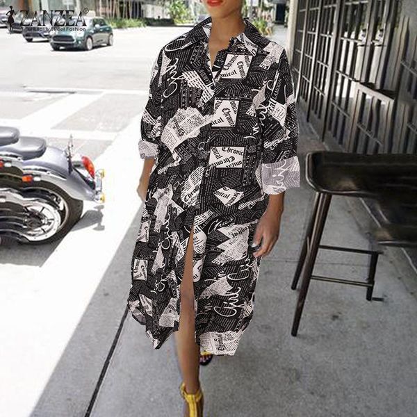 

casual dresses fashion women's shirt dress 2021 spring spaper printed midi vestidos zanzea long sleeve loose oversized robe, Black;gray