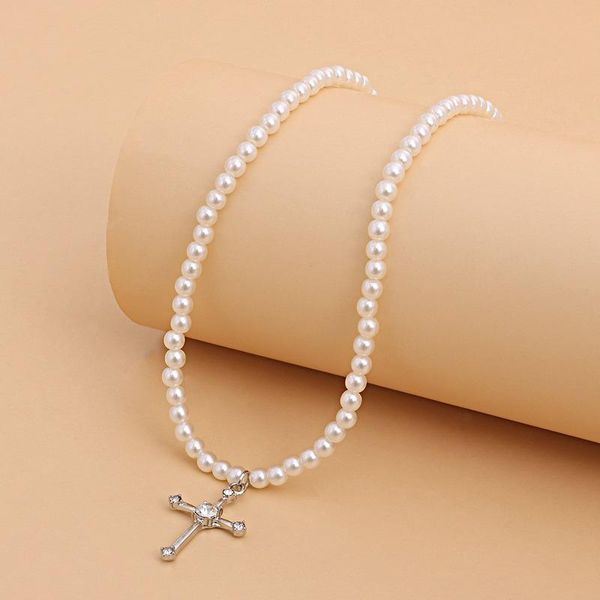 

pendant necklaces cross necklace women artificial pearl woman chain simple jewelry silver color trendy metal naszyjnik