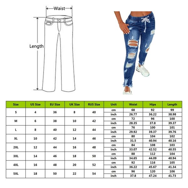 

2011Dstring Denim Jeans For Women Ripped Hole Stretch Jean Ladies Plus Size Full Length Pencil Pants, Mint