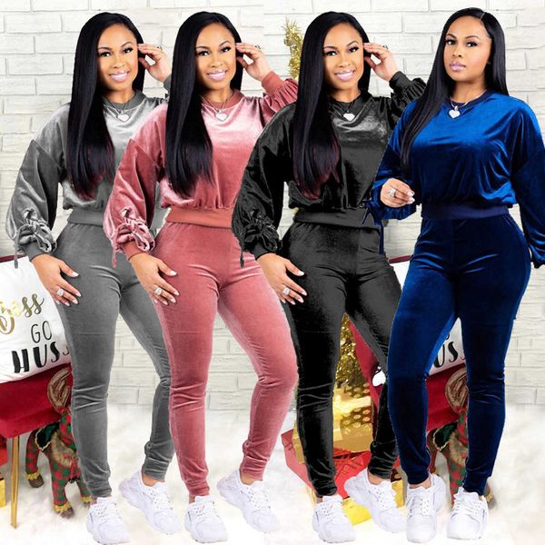 

4 colors autumn and winter women's 2 piece pant set fashion round neck bow golden velvet suit, White