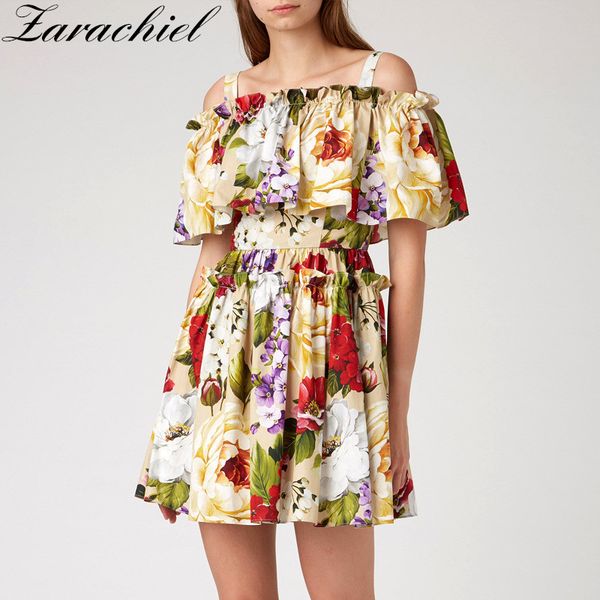 

runway summer ruffles cloak women off the shoulder spaghetti strap dress female floral print holiday elegant short dresses 210416, Black;gray