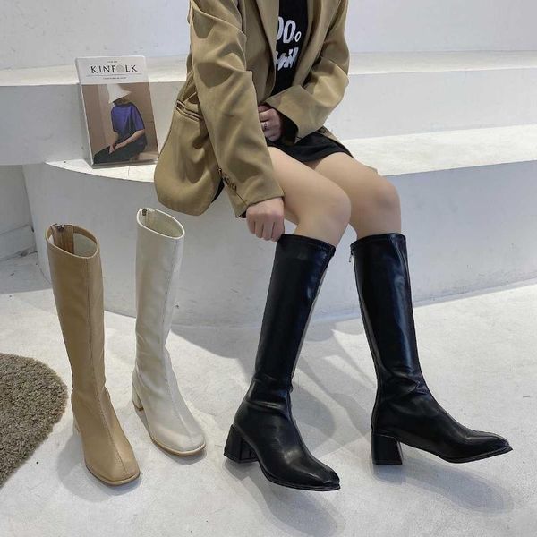 

boots 2021 high heeled shoes women's autumn and winter fashion net red thick square head knee length french medium, Black