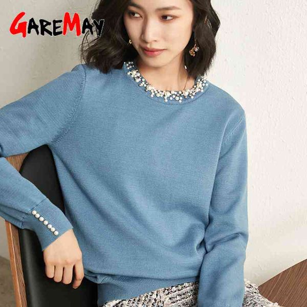

autumn winter pearl beaded women long sleeve sweaters knitted white black knitwear slim-fit luxury designer sweater 210428