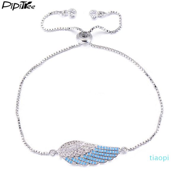 

pipitree blue zircon cz feather angel bracelet femme adjustable chain link charm bracelets for women men trendy jewelry, Golden;silver