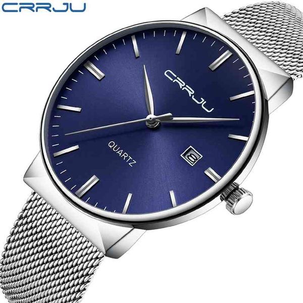 

brand crrju watches men stainless steel mesh band fashion analog quartz watch ultra thin blue dial clock male 210608, Slivery;brown