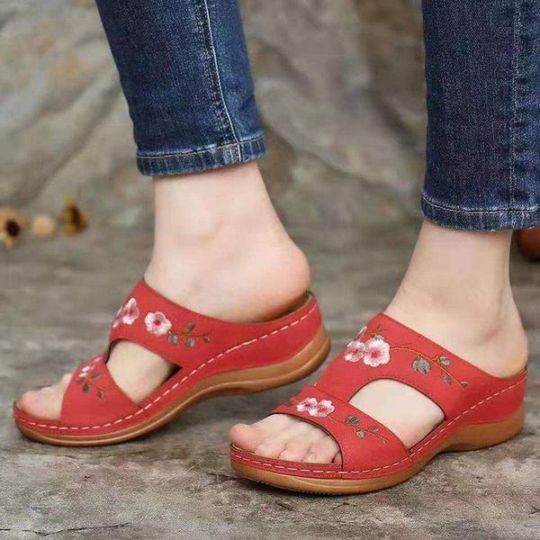 

summer women's shoes hollow out flower embroidery sandals slope heel large slippers, Black