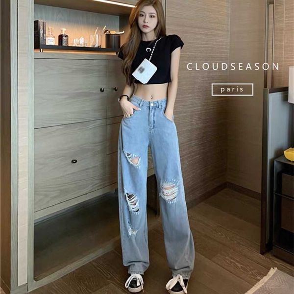 

autumn kimhekim2021 winter hole wide leg jeans women's summer design high waist loose pants, Blue