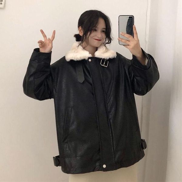 

women's leather & faux lucyever 2021 fashion fur coat women winter thickened warm collar pu jacket zipper lamb wool jackets female top, Black