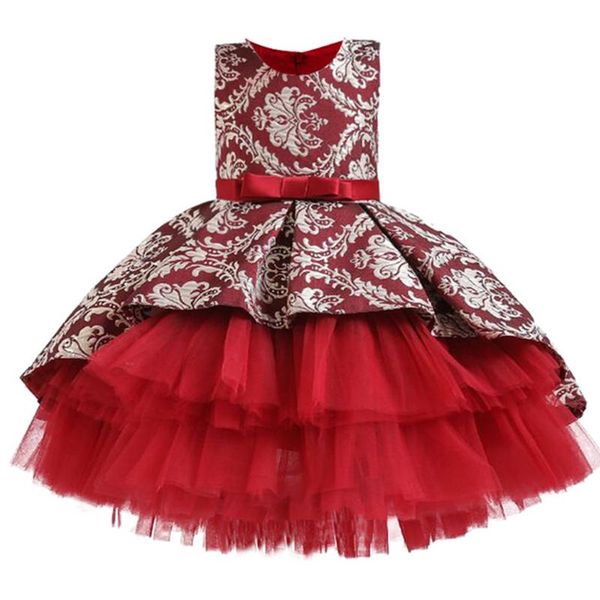 

girl's dresses autumn winter dress girls princess jacquard tutu catwalk show prom flower girl knot evening 1-8 years, Red;yellow