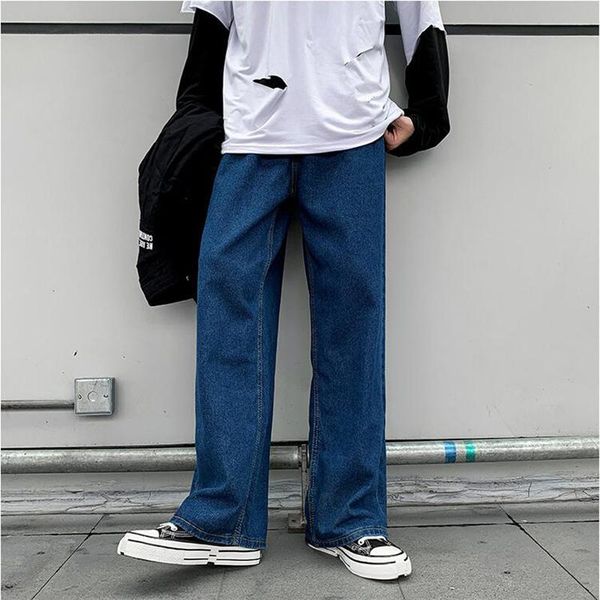 

men's jeans spring retro denim pants korean straight loose fit youth versatile wide leg casual, Blue