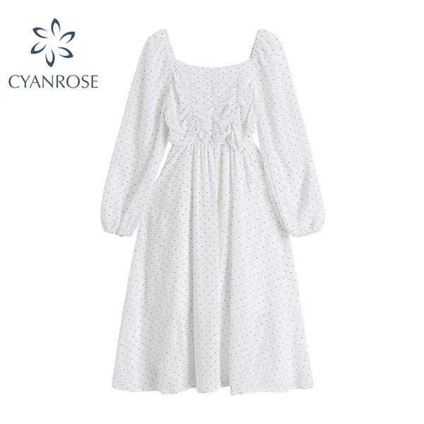 

dot print vintage dress high waist slim wrinkled design square collar korean elegant classic dresses long sleeve vestidos mujer 210515, Black;gray