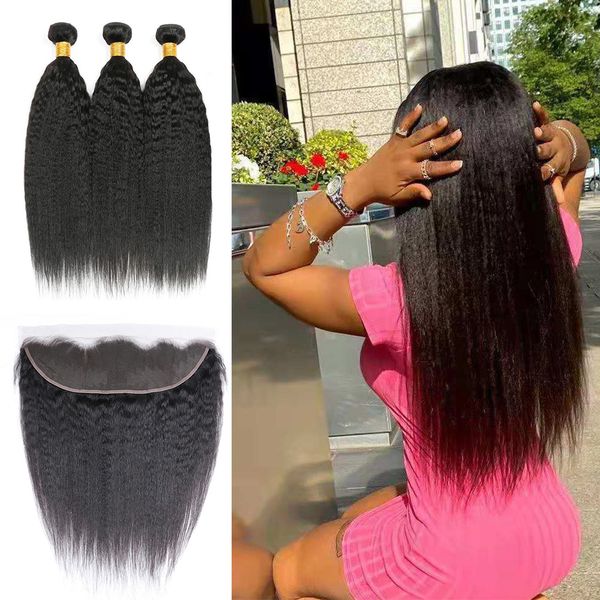 

kinky straight hair 3 bundles with lace frontal 13x4 human hair 3 bundles with transparent swiss lace 10-30 inch hair extensions, Black