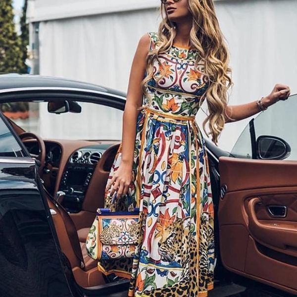 

casual dresses elegant blue and white porcelain summer floral dress 2021 women's sleeveless animal cats tigers mid-calf long party robe, Black;gray