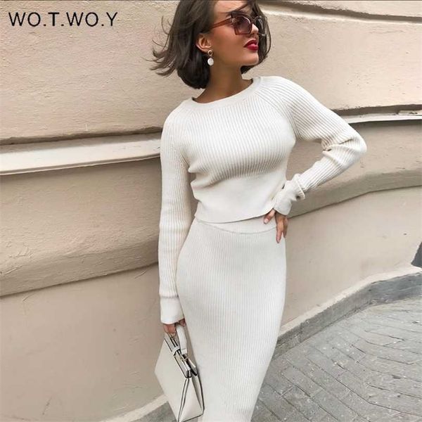 

wotwoy knitting cashmere pullover and skirt two piece set women slim fit cropped autumn elegant sweater outfits 211106, White