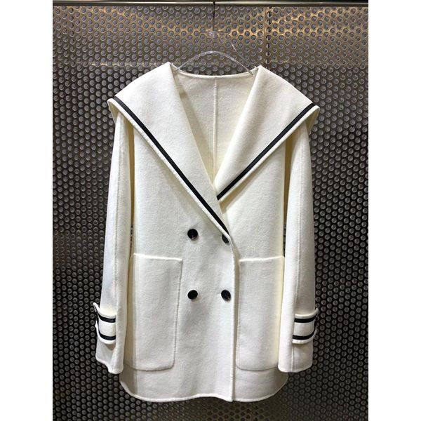 

women's wool & blends quality 11.21 high end fashion sailor collar double breasted coat women temperament overcoat outerwear, Black