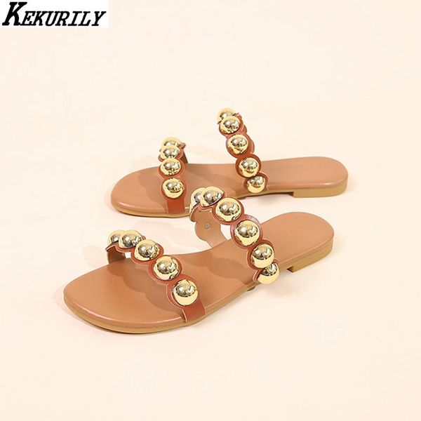 

summer slippers women metal rivet flats slides flip flops ruffles flat shoes beach slipper big size comfortable sandalias mujer, Black