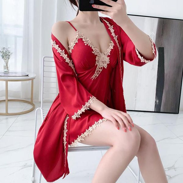 

women's sleepwear kimono robe gown women satin lace wedding morning 2pcs nightgown&bathrobe set v-neck loose intimate lingerie, Black;red