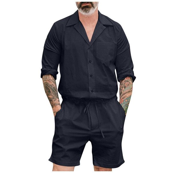 

summer men fashion solid colors trun down collar cotton linen jumpsuit casual drawstring buttons long sleeve short jumpsuit#g3 men's pa, Black