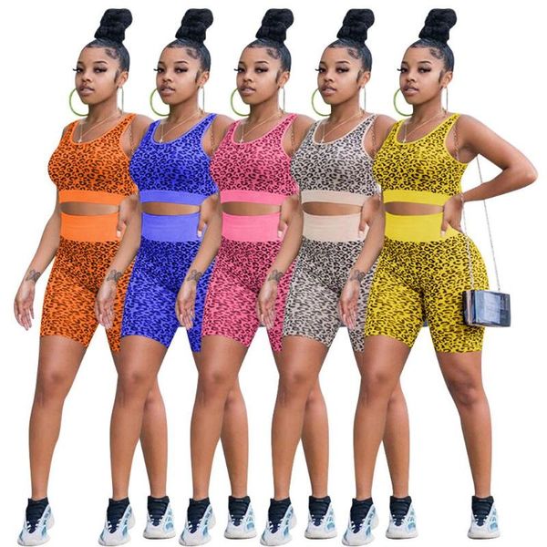 

women's tracksuits 2021 autumn women sport yoga 2pcs leopard print sleeveless o-neck + skinny bodycon shorts nightclub outfits high qu, Gray