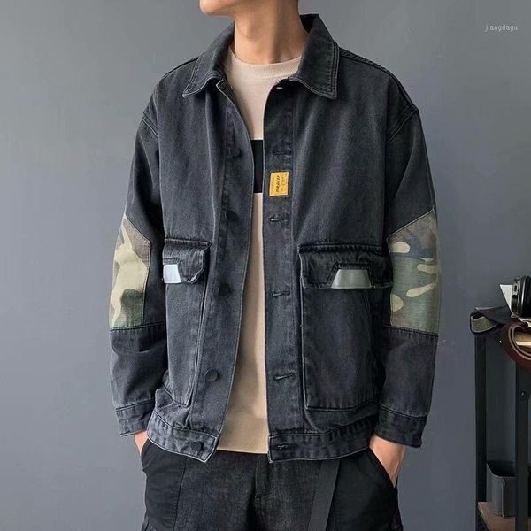 

men's jackets spring and autumn 2021 denim jacket loose brand stitching japanese coat thin camouflage teenager tooling, Black;brown