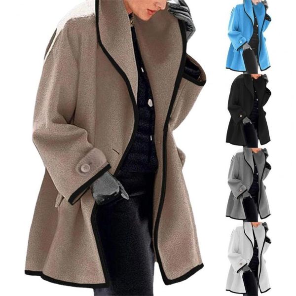 

women's wool & blends women trench coat cardigan turn-down collar woolen contrast color single button jacket for daily wear, Black