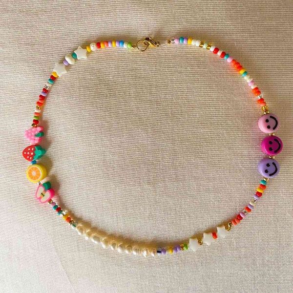 

go2boho 2021 colorful beaded choker necklace smile face necklaces for women star fruit charm trendy summer beach pearl jewelry, Silver