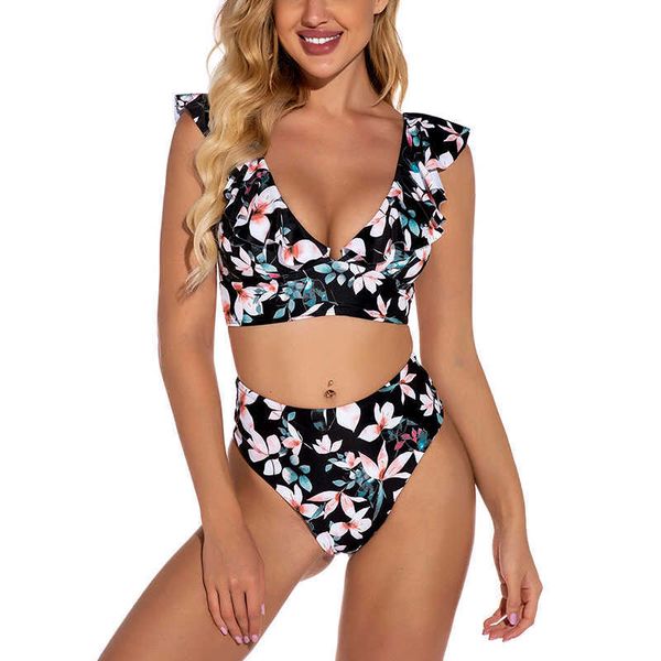 

zafuaz push up bikini high waist swimsuit floral print swimwear women ruffle bathing suit v-neck beachwear lace up biquini 210604, White;black