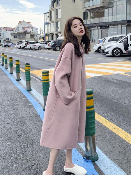 

women 2021 autumn winter casual wool blend trench coat female thick warm long jacket elegant cashmere outerwear s356 women's & blends, Black