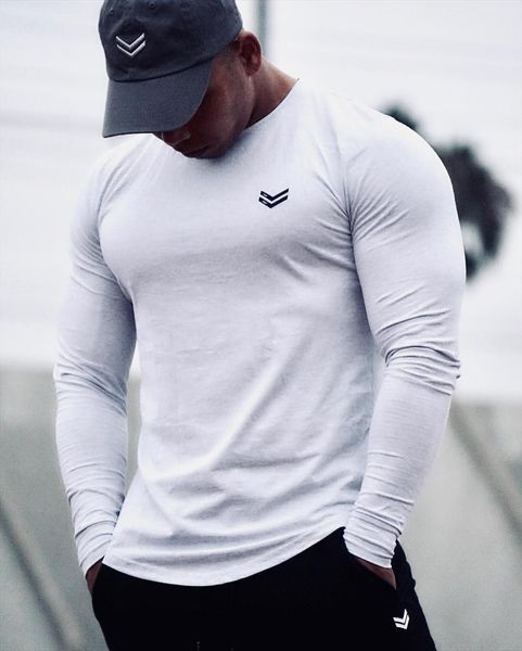

long sleeve solid color mens cotton bodybuilding underwear spring jogger sports muscle exercise 3xl, White;black