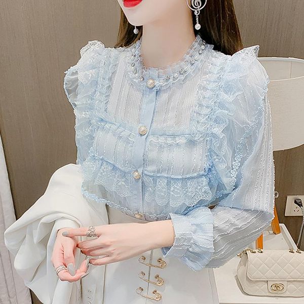 

women's blouses & shirts chic beading ruffles elegant lace blouse women white crochet button up shirt casual sweet 2021 spring autumn
