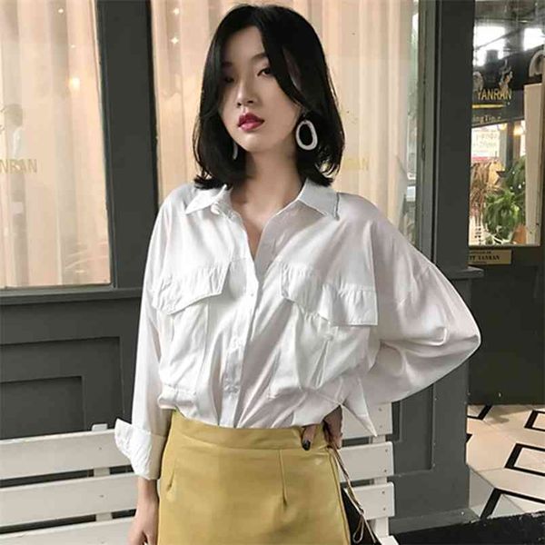 

autumn fashion women long sleeve loose shirts double pocket white blouse female all-matched casual shirt ladies s433 210512
