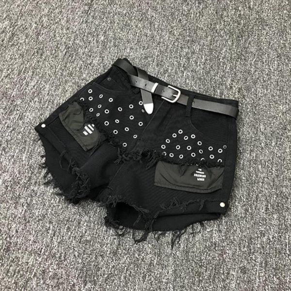 

women's shorts tassel with pockets beading denim female high waist hollow cut hole punk street style wq1629, White;black