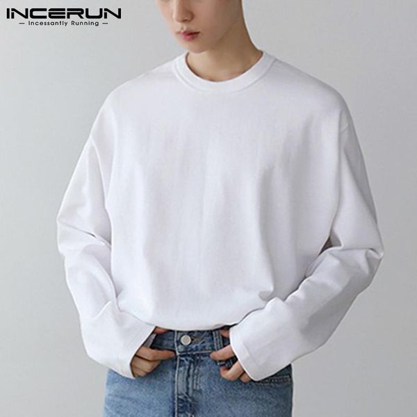 

men's t-shirts incerun solid color men t shirt round neck long sleeve loose korean casual clothing streetwear fashion basic tee 2021, White;black