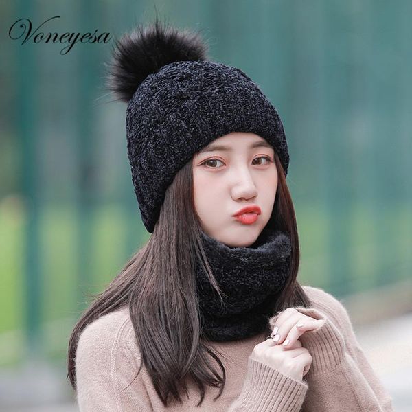 

hats, scarves & gloves sets voneyes women knitted hat set winter scarf beanies with pompom ball female multi functional hats 2021, Blue;gray