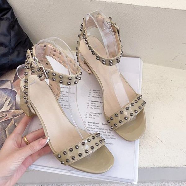 

sandals summer ladies rivet high heels women's square heel thick sole one word with shoes ankle buckle fashion elegant party, Black
