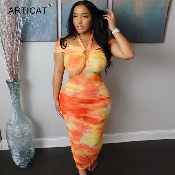 

off-shoulder tie dye midi dresses women halter hollow out backless club transparent holiday dress ladies outfitshigh quality, Black;gray