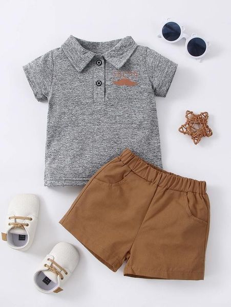 

baby letter and mustache print polo shirt & shorts she, White