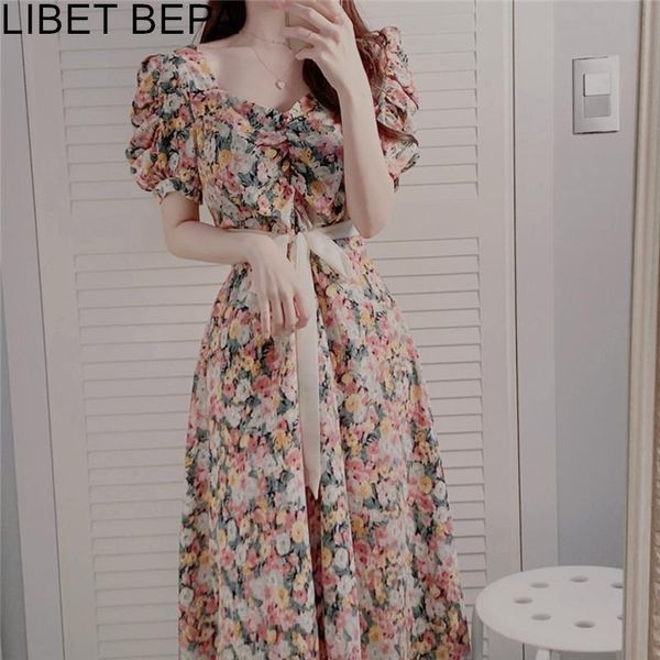 

casual dresses 2021 women summer vintage chiffon print floral high waist fashionable puff sleeve lace up long dress dr3122, Black;gray
