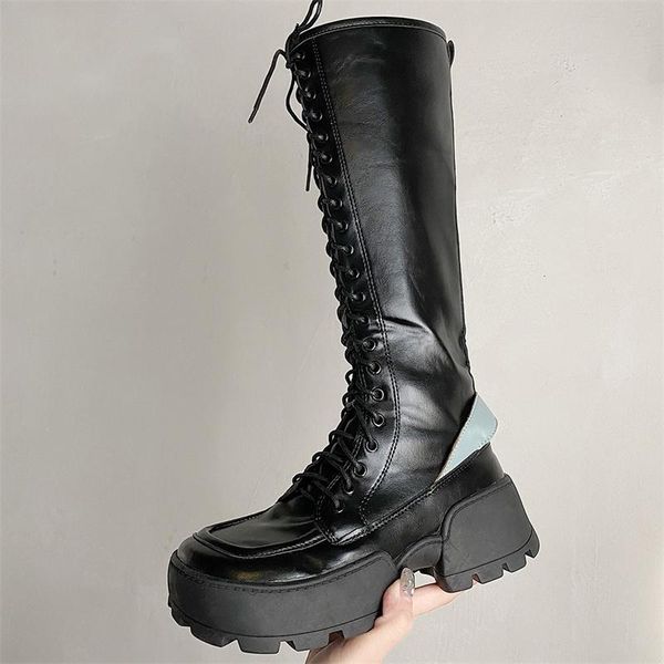 

boots british style women's 2021 square head side zipper heighten thick bottom high tube not over the knee, Black