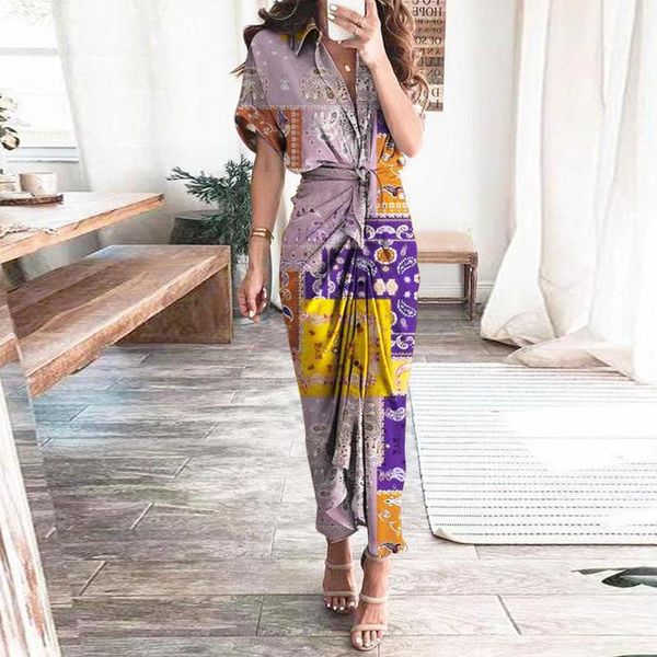 

casual dresses women retro print short sleeve dress 2021 summer printed shirt v-neck beach lady boho with long robe vestido, Black;gray