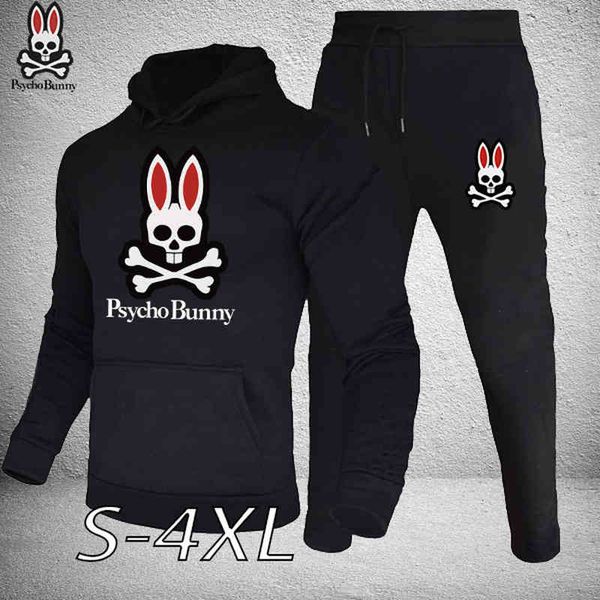 

new autumn and winter men's tracksuit solid color hooded sweater + jogging casual psycho bunny print dign men's clothing, Black