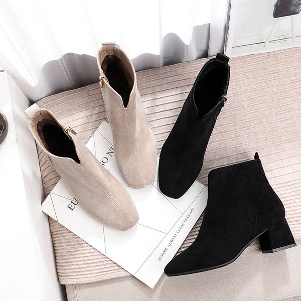 

solid beige black woman boots autumn winter zipper fashion square toe square high heels shoes women ankle boots 210520