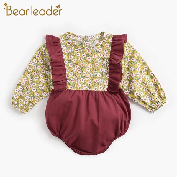 

bear leader girls patchwork rompers fashion toddler baby ruffles jumpsuits born flowers outfits spring autumn clothing 210708, Blue