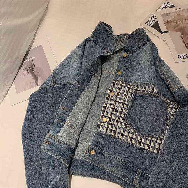

women's jackets plaid stitching korean 2022 spring and autumn denim hong kong style small man et is, Black;brown