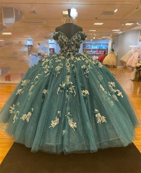 

hunter green 3d floral quinceanera dresses 2022 off shoulder lace-up corset back puffy skirt sweety 15 vestidos de quinceaÃ±era, Blue;red