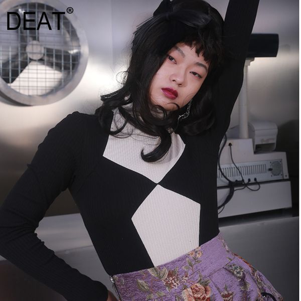 

patchwork contrast color matching base t-shirt women full sleeve o-neck collar casual style fashion spring gx140 210421, White