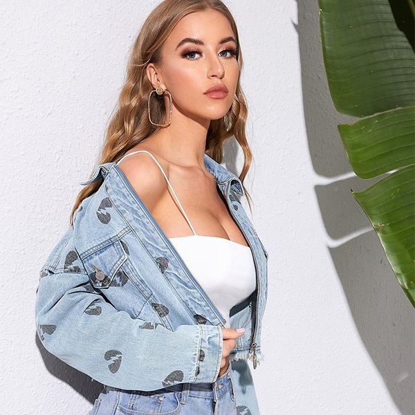 

women's jackets women oversized short denim jacket turn-down collar jean for vintage zipper printing pocket coat female, Black;brown