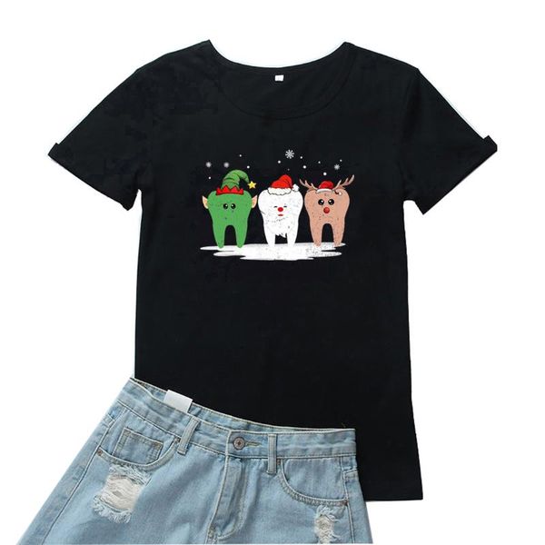 

women's t-shirt tooth wearing christmas hat tee shirt femme funny cute print women t-shirts cartoon pattern fashion harajuku camiseta, White