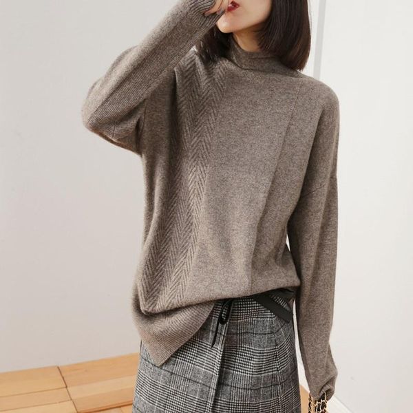 

100% cashmere women's half-high collar autumn winter knitted sweater mid-length pullover loose and thin base sweaters, White;black