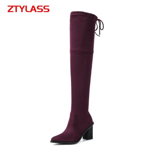 

fashion slip on square high heel boots women faux suede over the knee ladies pointed toe autumn winter stretch, Black